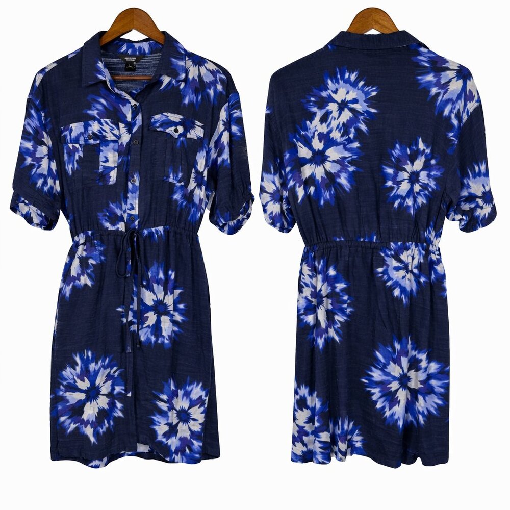 Simply Vera Wang Blue Tie Dye Shirt Dress Drawstring Waist Button Front Size L